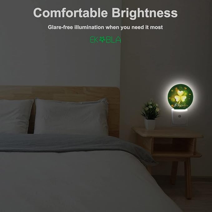 EKOBLA Happy St Patrick Night Lights Plug into Wall Glitter Golden Shamrock Leaves Plug-in Nightlights Home Auto Sensor LED Dusk to Dawn Light for Bedroom Bathroom Kitchen Corridor - Bloomnest