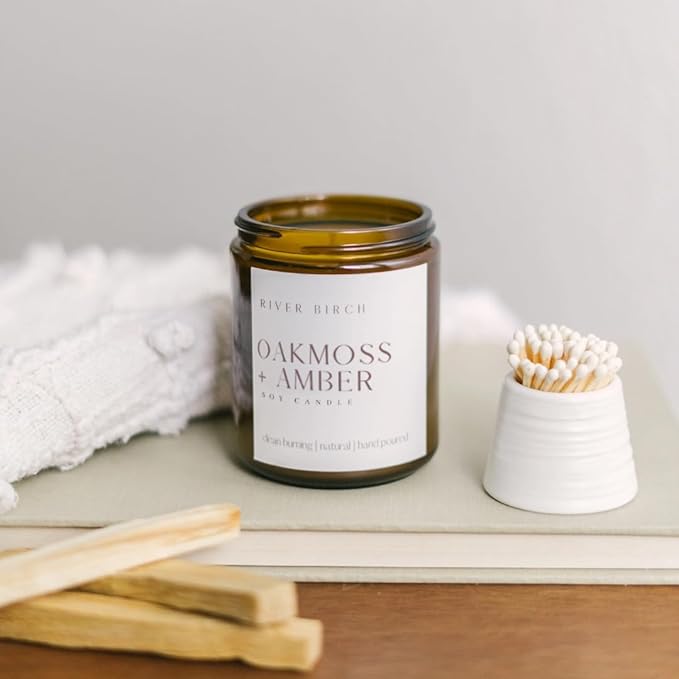 River Birch Candles Oakmoss + Amber Scented Candle | Premium, All-Natural, Non-Toxic, Soy Wax, Amber Jar | 8.5oz 40 Hr Burn Time | Cozy Relaxing Gifts for Home - Bloomnest