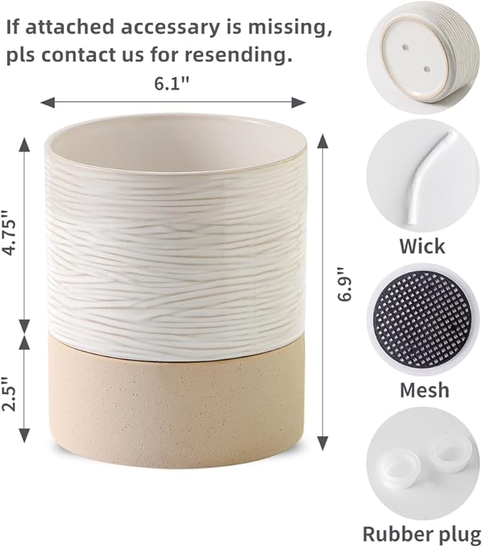 Nihow Self Watering Plant Pot: 6 Inch Ceramic Planter with Drainage Hole & Water Storage Plus for Indoor & Outdoor Plants - Cylinder Round Flower Pot for Succulent/Herbs/Violets - Cream White & Brown - Bloomnest