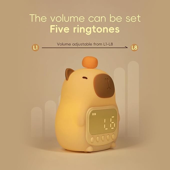 Capybara Alarm Clock with Night Light for Kids, Cute Toddler Alarm Clocks for Bedrooms Ok to Wake Clocks for Girls and Boys, Silicone Animal Tabletop Lamp for Kid, RGB Color - Bloomnest