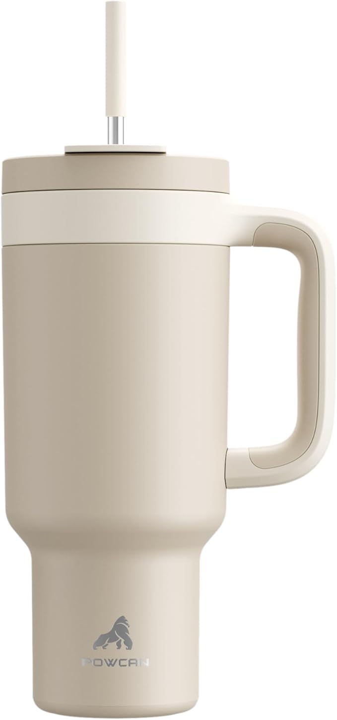 POWCAN 40 oz Tumbler with Handle, 2-in-1 Straw and Sip Lid, Leakproof, Dishwasher Safe, Insulated Stainless Steel Travel Coffee Mug, Keeps Cold for 34 Hours, Fits in Car Cup Holder (Oat) - Bloomnest