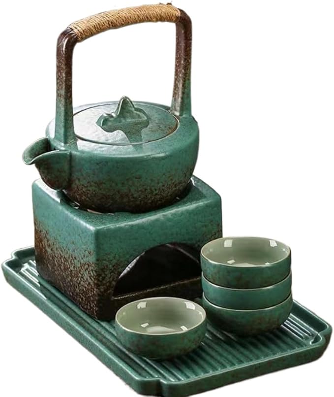 Ceramic travel tea set. 1 pot, 4 cups, 1 tea tray, 1 tea warmer, Chinese Kung Fu tea set, 2 colors (green) - Bloomnest