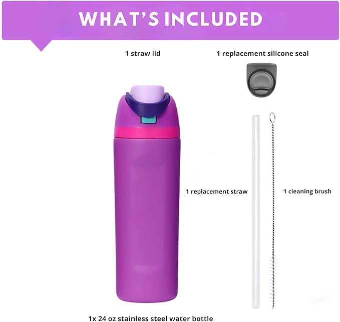 DUTHINGS Insulated Stainless Steel Water Bottle with Straw, 24 oz – Leakproof, BPA-Free Reusable Sports & Travel Bottle with Replacement Straw and Cleaning Brush (Purple) Bloomnest