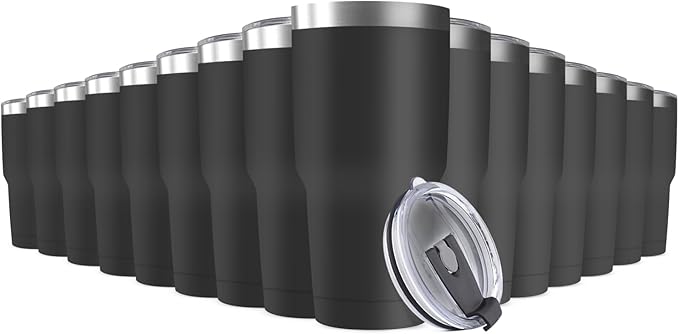 30oz Stainless Steel Travel Mug with Lid, 16 Pack Double Wall Vacuum Insulated Bulk Tumbler, Powder Coated Coffee Cup Suitable for Vehicle Cup Holders (Black) - Bloomnest