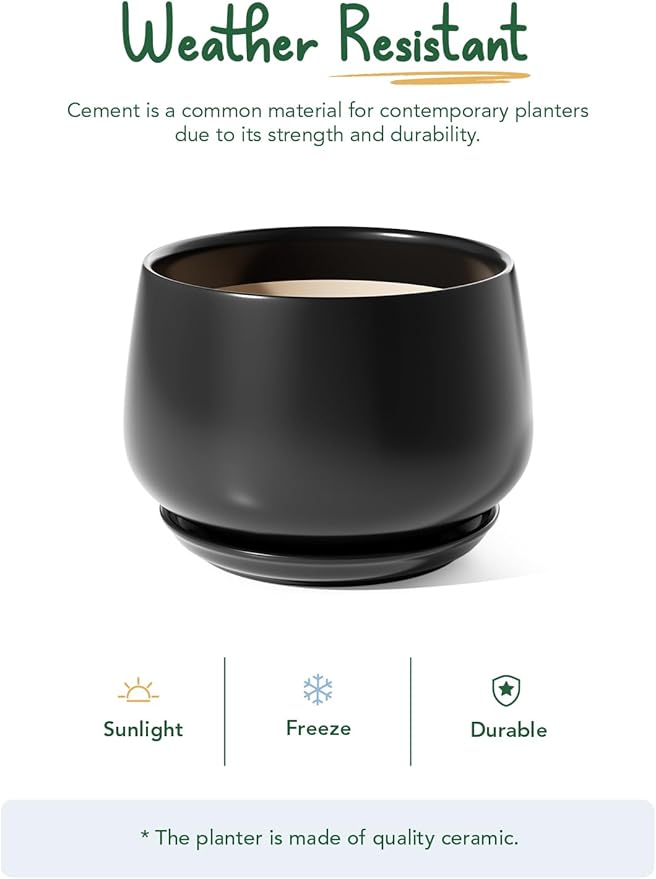 LE TAUCI Ceramic Planter, 10 Inch Plant Pot with Drainage Hole & Saucer – Durable Indoor Planter for Modern Home Decor, Black - Bloomnest
