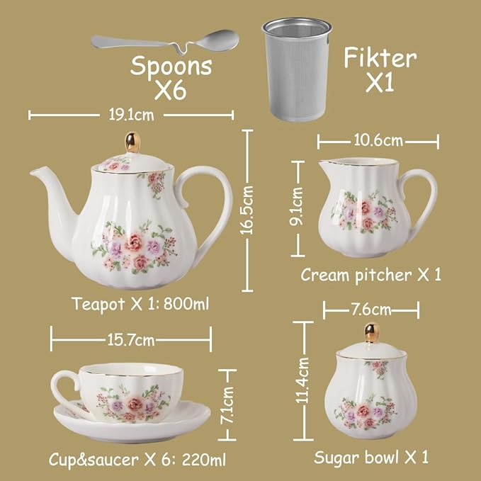 Porcelain Tea Sets British Royal Series, 8 OZ Cups & Saucer Service for 6, with Teapot Sugar Bowl Cream Pitcher Teaspoons and Tea Strainer, Suitable for High Tea, Wedding, Party（Rose Flower） - Bloomnest