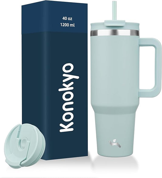 40 oz Tumbler with Handle and 2 Straws,2 in 1 Lid Insulated Water Bottle Stainless Steel Travel Coffee Mug,Blue Haze - Bloomnest