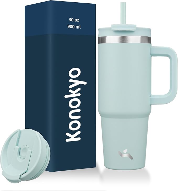 30 oz Tumbler with Handle and 2 Straws,2 in 1 Lid Insulated Water Bottle Stainless Steel Travel Coffee Mug,Blue Haze - Bloomnest