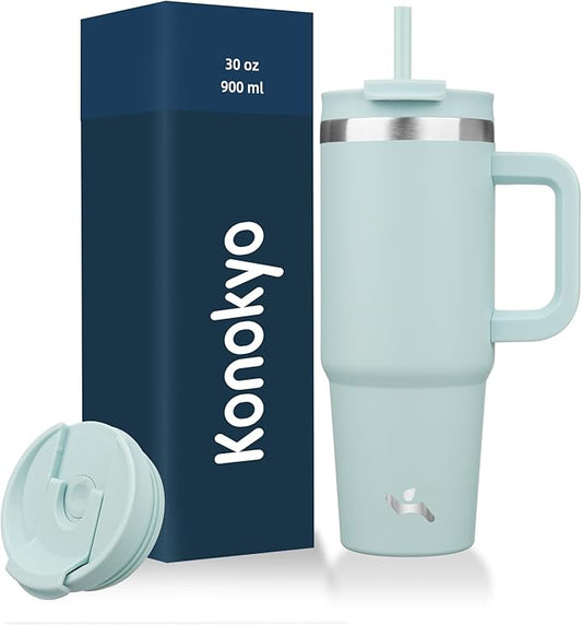 30 oz Tumbler with Handle and 2 Straws,2 in 1 Lid Insulated Water Bottle Stainless Steel Travel Coffee Mug,Blue Haze - Bloomnest