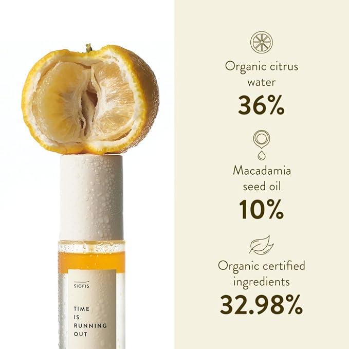 SIORIS Time Is Running Out mist 3.38 Fl oz, Organic and vegan face mist for Sensitive skin, jojoba oil for moisture lock, enriched citrus water rejuvenates, glass veil finish - Bloomnest