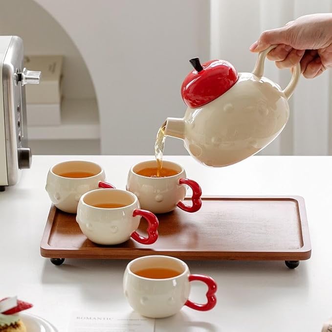 Apple-themed Modern Tea Set, 1 Teapot (28.7oz), 4 Teacups and 1 Tea Tray, Porcelain Tea Set for Adults, Cute Tea Set for Women Tea Party, Gift Package - Bloomnest