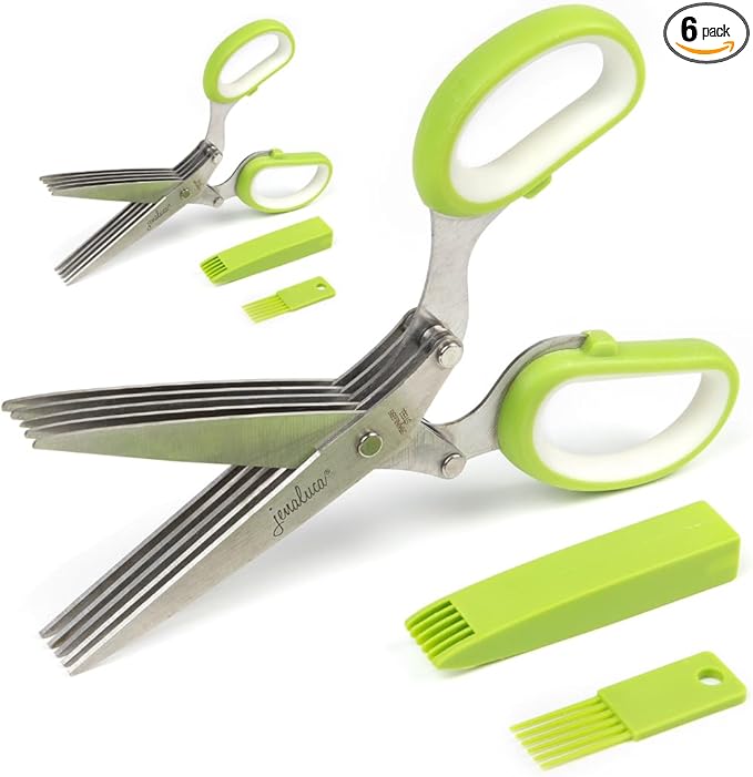 Jenaluca Herb Scissors with Five Blades - Two Pack - Herb Chopper with cleaning comb and safety cover - Bloomnest
