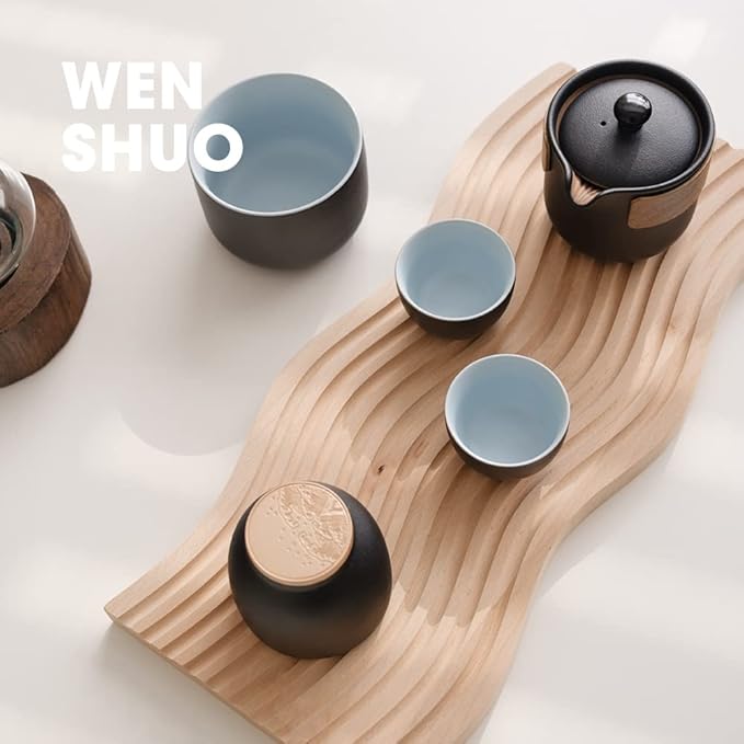Chinese Tea Set, Ceramic Tea Cup Set, Wood Handle Tea Pot, Black Glaze, with Tea Caddy and Portable Bag
