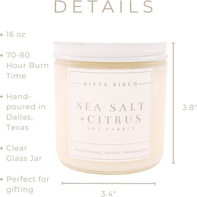 River Birch Candles Sea Salt & Citrus Scented Candle | Premium, All-Natural, Non-Toxic, Soy Candles | 16oz 90 Hr Burn Time | Cozy Relaxing Gifts for Home - Bloomnest