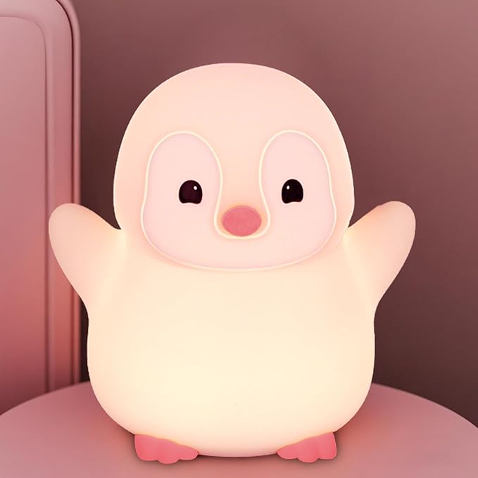Pink Penguin Night Light,Food Grade Soft Silicone Nursery Nightlight for Baby,LED Squishy Novelty Animal Bedside Lamp,Rechargeable/Dimmable/Timer,Funny Gifts for Kids Girls Adults Teens - Bloomnest