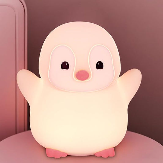 Pink Penguin Night Light,Food Grade Soft Silicone Nursery Nightlight for Baby,LED Squishy Novelty Animal Bedside Lamp,Rechargeable/Dimmable/Timer,Funny Gifts for Kids Girls Adults Teens - Bloomnest