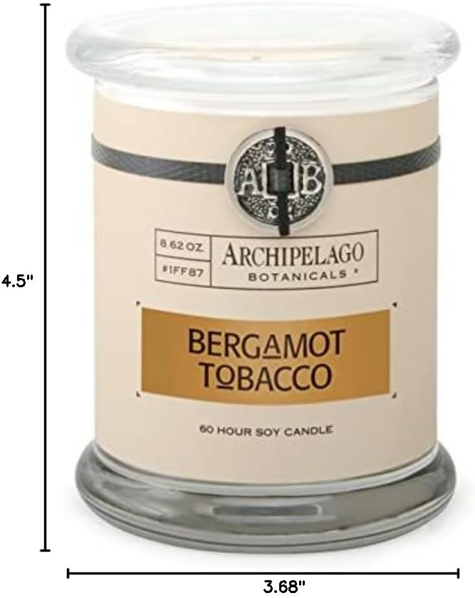 Archipelago Botanicals Scented Candle Hand-Poured Premium Wax, Burns Approx. 60 Hours, Bergamot Tobacco, Soy Candle in Glass Jar, 4.5 Inch, 8.6 oz - Bloomnest