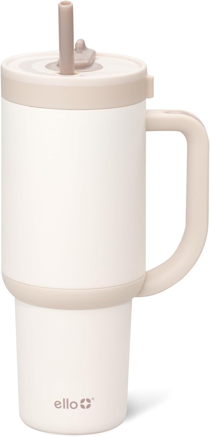 Ello Oasis 30 oz Tumbler with Handle & Retracting Straw | Reusable Insulated Stainless Steel Cup 100% Leakproof, Gifts for Teens Women Men | Keeps cold for 24 Hours, Cup Holder Friendly, Cream Tonal - Bloomnest
