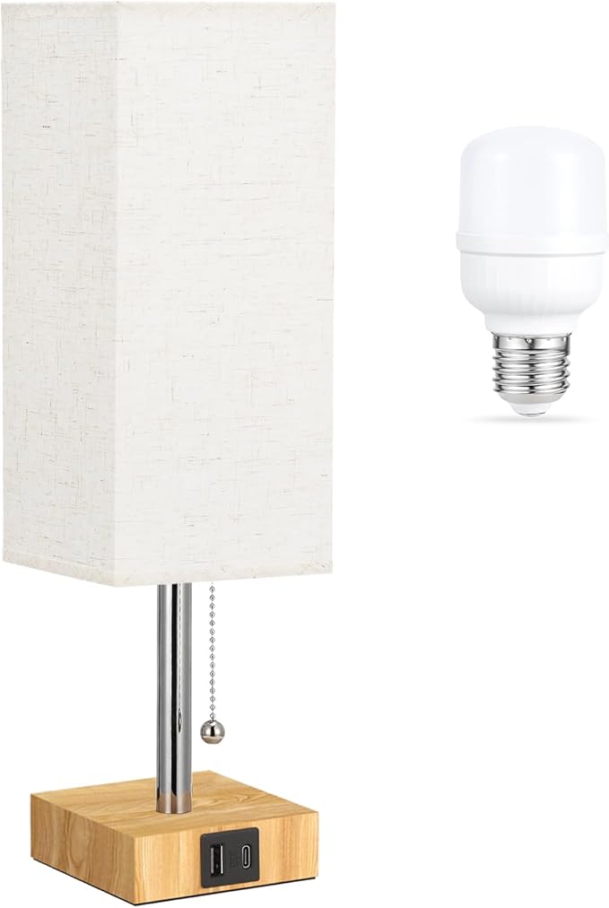 aooshine Beige Small Table Lamp for Bedroom - 3 Color Temperature 3000K 5000K 4000K Bedside Lamp, Pull Chain Control, USB A and C Ports, Wood-Grain Base, Bulb Included - Bloomnest