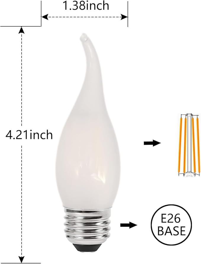 E26 Frosted Candelabra Bulb 40 Watt Equivalent LED Chandelier Light Bulbs, 2700K Warm White Medium Base 4W Dimmable LED Candle Light Bulbs, Frosted Glass Flame Tip Shape,6 Pack - Bloomnest