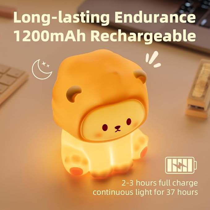 Cute Lion Night Light for Kids, Rechargeable Nursery Lamp with Timer, 3 Brightness Levels & Warm Light, Soft Silicone Baby Night Light, Tap Control, Gift for Toddlers - Bloomnest