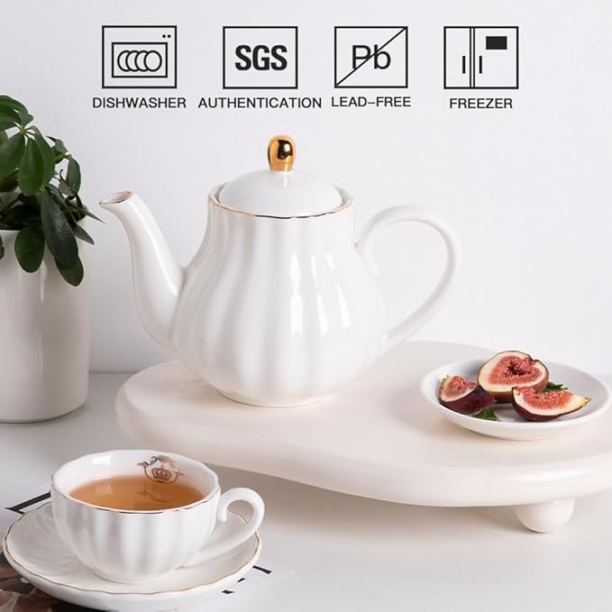 Sweejar Royal Teapot, Ceramic Tea Pot with Removable Stainless Steel Infuser, Blooming & Loose Leaf Teapot - 40 Ounce (White) - Bloomnest
