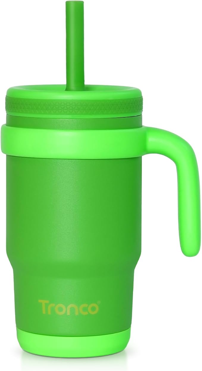 Tronco 14 oz Kids Insulated Tumbler with Handle & Spill Resistant Flexible Straw, BPA-Free Stainless Steel Toddler Cups with Lids, Splash-Proof Kid Drinking Cup Travel Mugs, Easy to Clean - Bloomnest