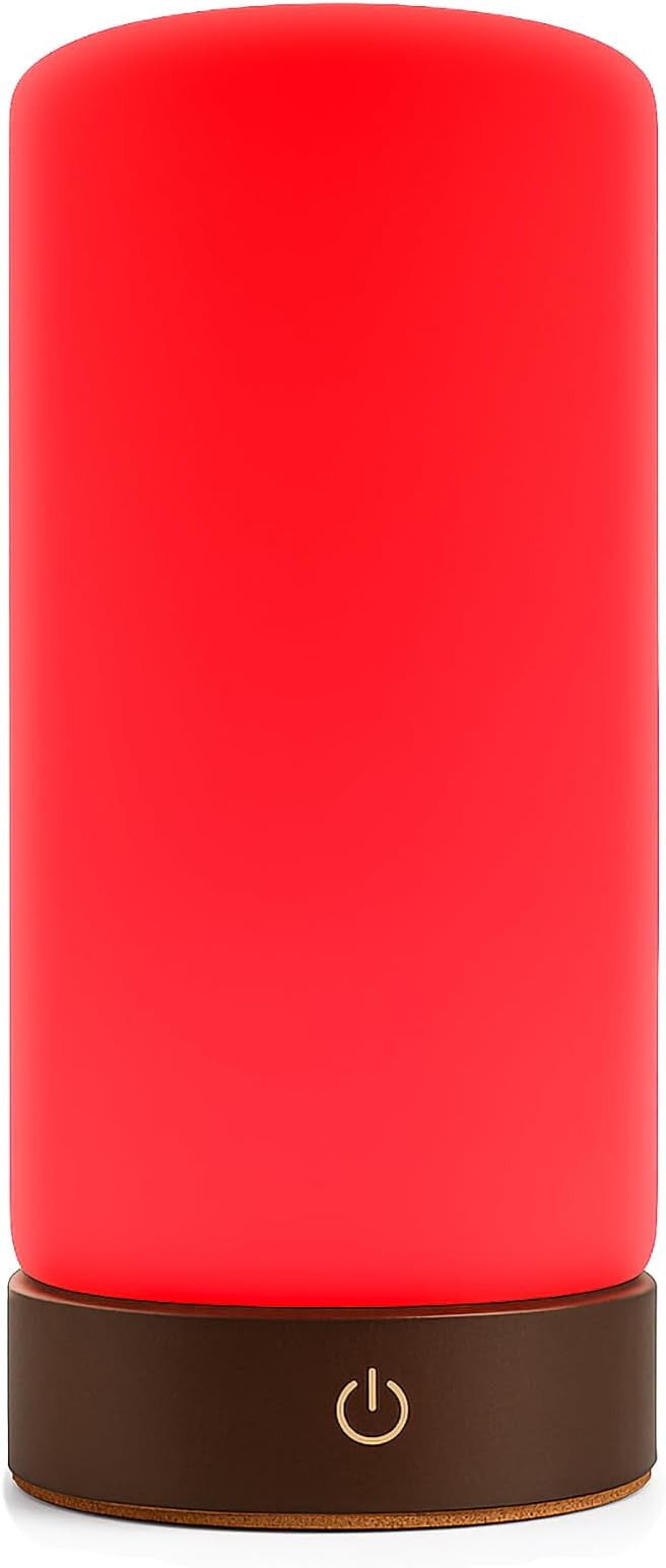 Rubi Red Light Therapy Lamp – 670nm Wavelength for Natural Sleep, Relaxation & Wellness | Adjustable Brightness for Bedroom Light | Elegant Glass & Wood Design | One-Touch Lamp Switch - Bloomnest