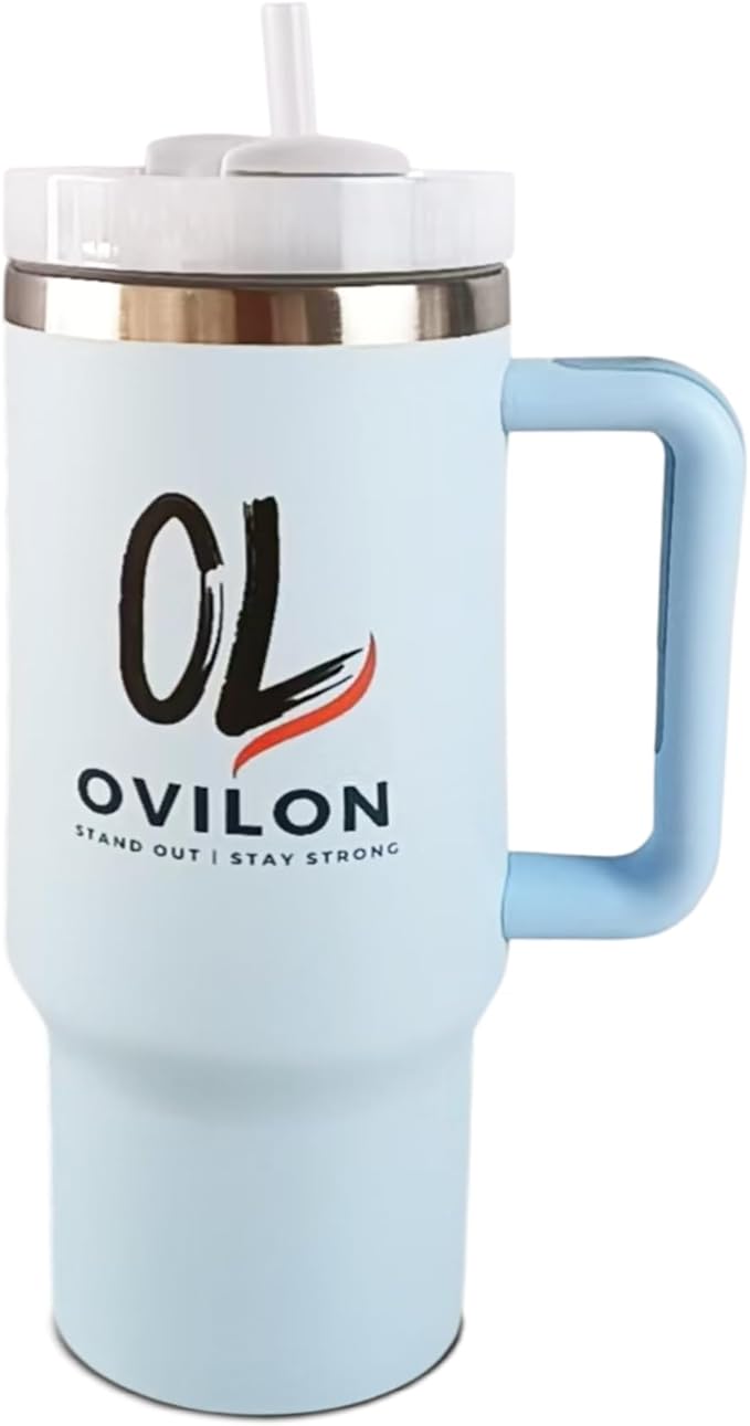 Ovilon Premium Travel Tumbler with Handle – Insulated Hot & Cold Drink Cup, Easy Grip, Leak-Proof Lid, Stainless Steel Mug (Light Blue, 40oz) - Bloomnest