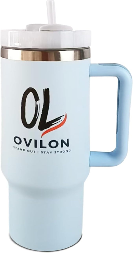 Ovilon Premium Travel Tumbler with Handle – Insulated Hot & Cold Drink Cup, Easy Grip, Leak-Proof Lid, Stainless Steel Mug (Light Blue, 40oz) - Bloomnest
