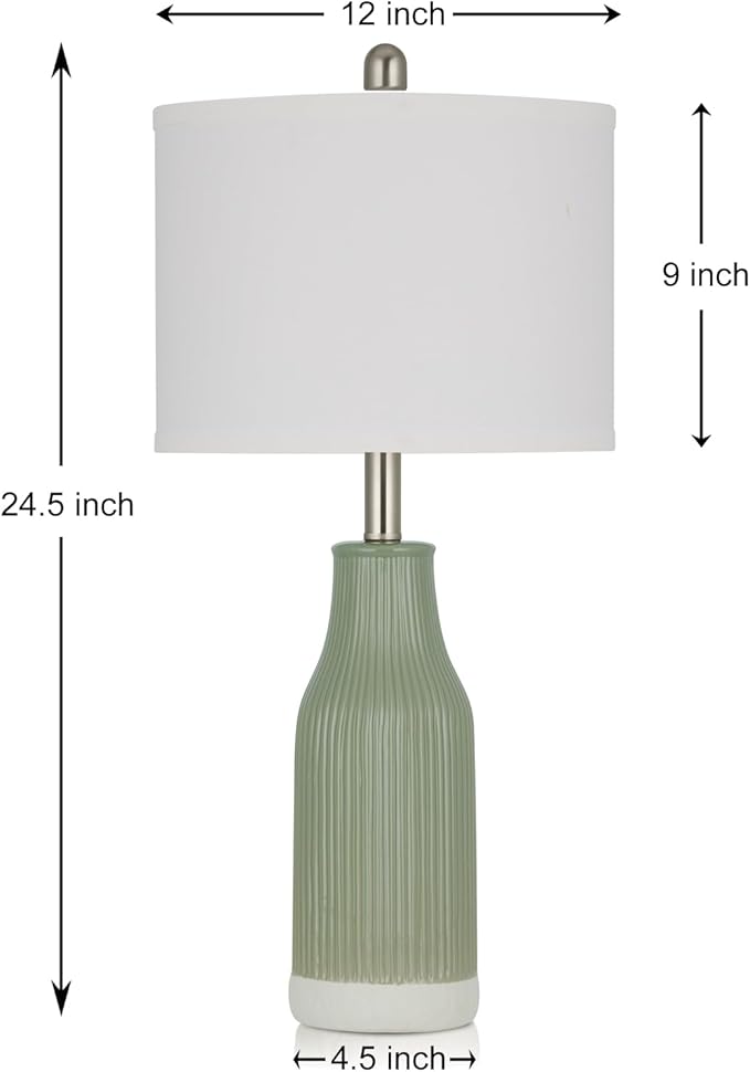 24.5" Ceramic Table Lamps Set of 2, Modern Farmhouse Bedside Lamps for Bedroom Nightstand, Small Light Green Lamp for Living Room End Table (2 LED Bulbs Included) - Bloomnest
