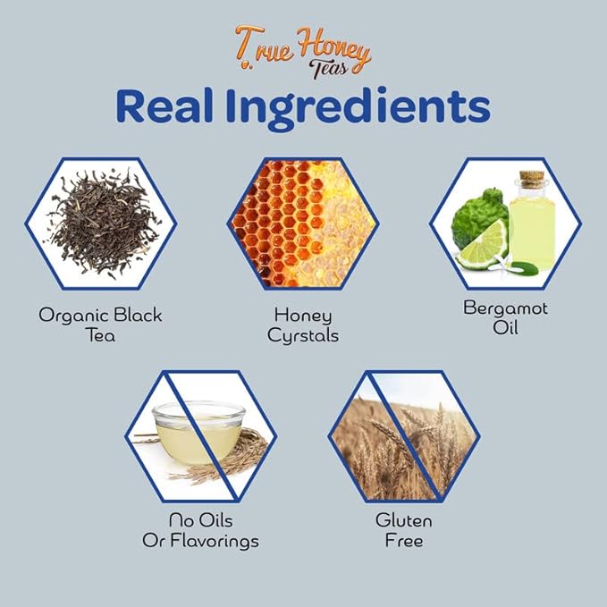 True Honey Earl Grey Tea Bags - Honey Crystals Blended in Every Sachet - Positive Immune Support - All Natural Organic Herbal Caffeinated Tea Bag 24 Count - Bloomnest