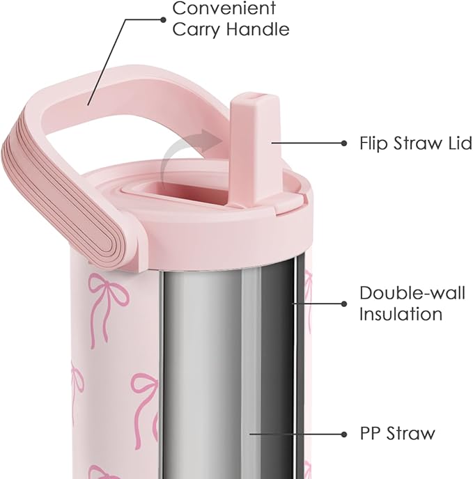 SANDJEST Pink Bow Stainless Steel Straw Lid Tumbler 30oz with Carry Handle for Women Girls, Insulated Travel Coffee Cup, Gift for Sports Outdoor Workout Christmas Birthday - Bloomnest