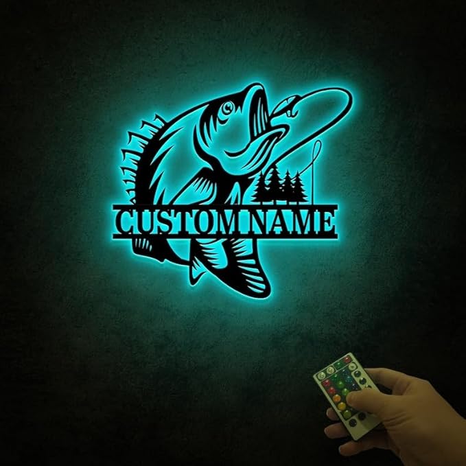 Personalized Neon Sign, Custom Striped Bass Fishing Metal Sign with Led Light, Fishing Gifts for Men, Father,s Day Gift, Fisher Name Sign, Cabin Decor, Rockfish - Bloomnest