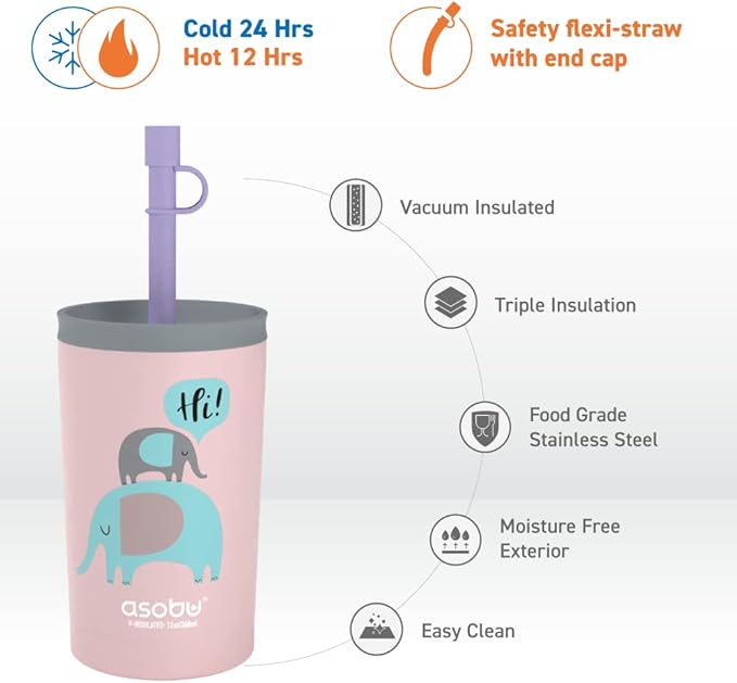 asobu Stainless Steel Kids Tumbler with Flexible Straw Lid | Insulated Water Bottle | Reusable Travel Cup 12 Ounce (Pink) - Bloomnest