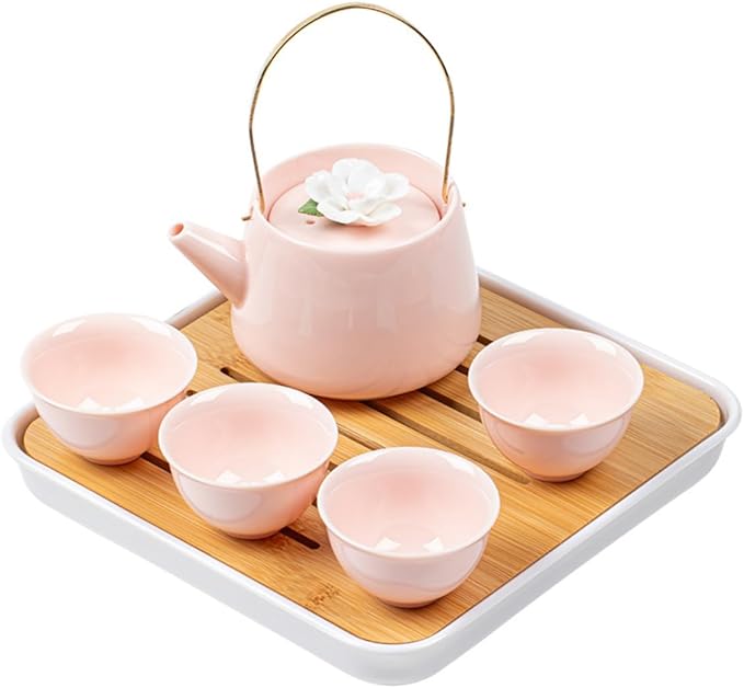 Japanese Porcelain Tea Set, Pink Kungfu Teapot Set with 1 Teapot, 4 Tea Cups, 1 Tea Tray, for Adults, Tea Lover/Women/Men/Office/Home (Pink) - Bloomnest