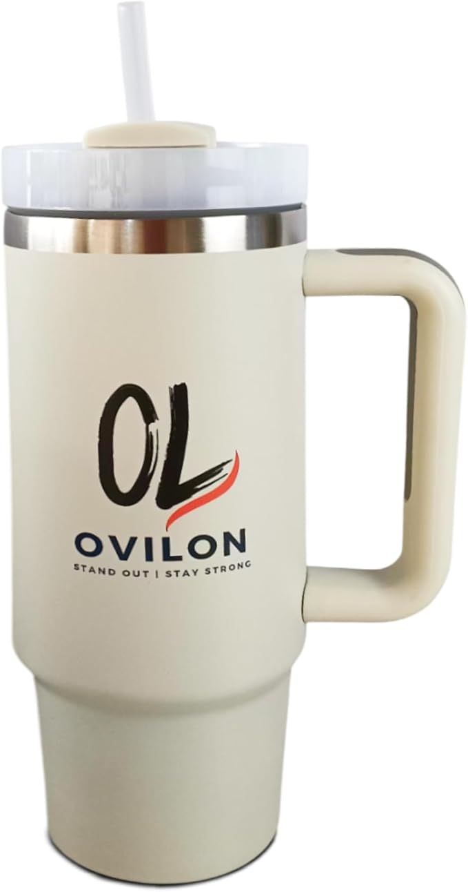 Ovilon Premium Travel Tumbler with Handle – Insulated Hot & Cold Drink Cup, Easy Grip, Leak-Proof Lid, Stainless Steel Mug (Dune, 30oz) - Bloomnest