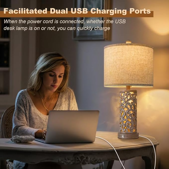 22" Farmhouse Table Lamp,Dual Light Touch Lamp with 3-Level Dimming,Lamps for Bedroom with USB A+C Charging Ports,Lamps for Living Room - Bloomnest