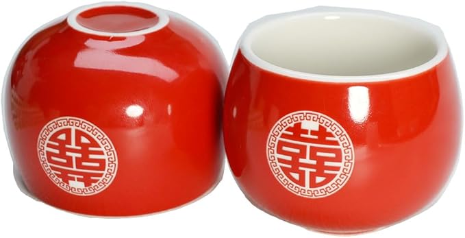 Chinese Wedding Tea cup 5oz Porcelain Teacup Red Cups Round Glaze Carving Double Xi for Tea Ceremony Wedding Party Home Decor (Double happiness cups 2pcs) - Bloomnest
