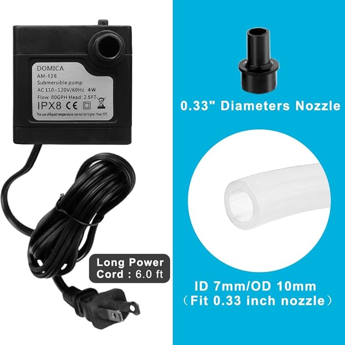 DOMICA (80GPH 4W) Mini Submersible Water Pump with 2.2FT Tube for Pond, Aquariums, Fish Tank, Hydroponics, Tabletop Fountain, Pet Fountain, Indoor or Outdoor Fountain Pump - Bloomnest