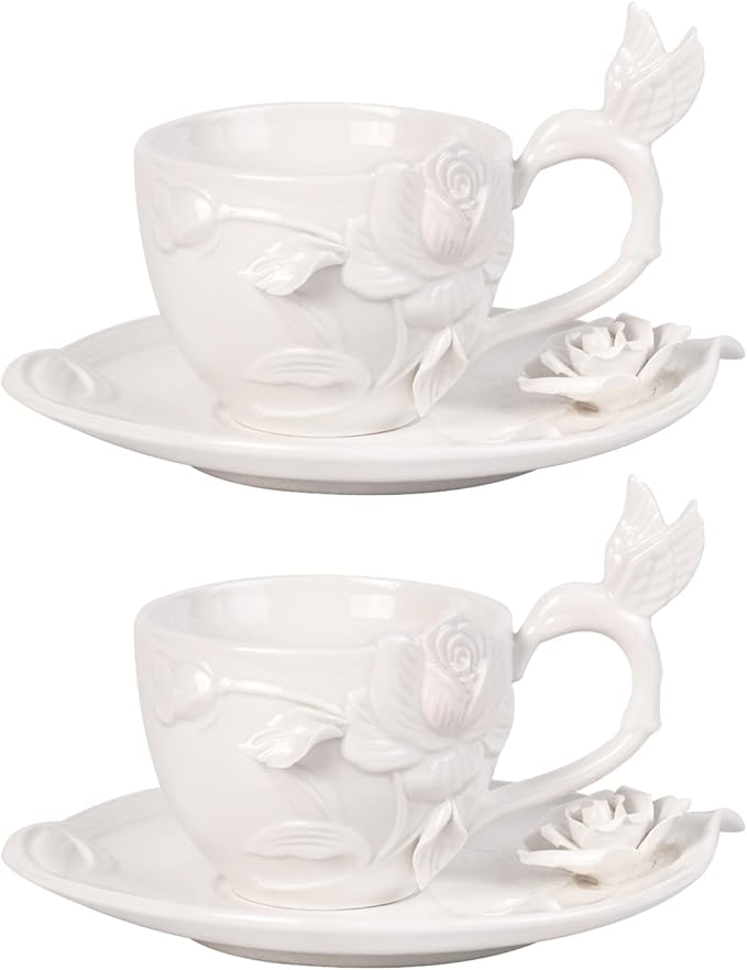 KAMMAK Tea Cups and Saucers Set of 2, Porcelain Coffee Cups, 8.5-Ounce Stackable Espresso Mugs, Ceramic Demitasse for Coffee, Latte, Americano, Tea, Cubic Rose - Bloomnest