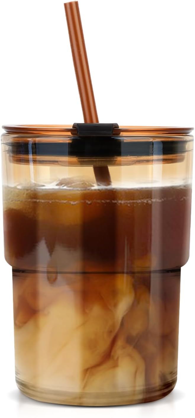 13oz Glass Tumbler with Straw and Lid，Reusable Iced Coffee, Tea, Smoothie, and Water Cup, Sealed Carry-On Glass Cups for Travel and Outdoor Use (Coffee, 1 Pack) - Bloomnest