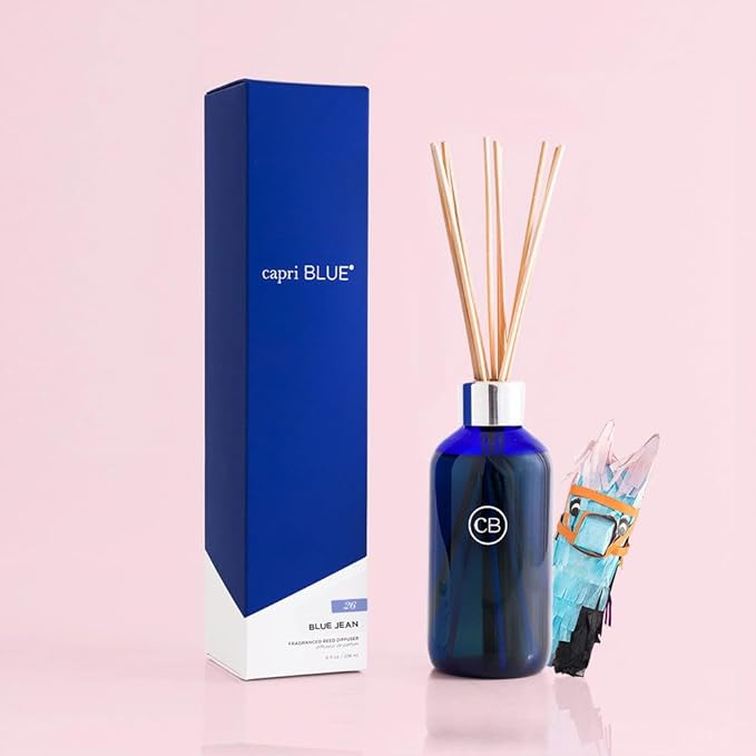 Capri Blue Blue Jean Reed Diffuser Set - Includes Reed Diffuser Sticks, Fragrance Oil, and Glass Bottle - Luxury Scented Room Fresheners - Cobalt Blue (8 fl oz) - Bloomnest