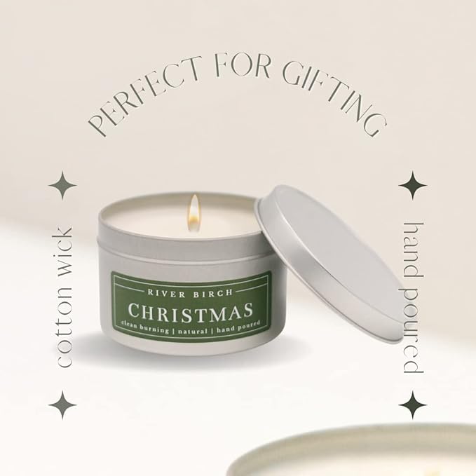 River Birch Candles Christmas Scented Candle | Premium, All-Natural, Non-Toxic, Soy Candles | 8 oz. Silver Tin Travel Candle | Cozy Relaxing Gifts for Home, White - Bloomnest