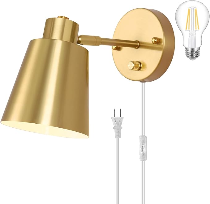Dimmable Wall Sconce, Plug in Wall Sconce Adjustable Angle Wall Lights with Plug in Cord and Dimmer On/Off knob Switch, Gold Wall Mounted Light for Bedside Bedroom Doorway(1 Pack, 1 Bulb) - Bloomnest