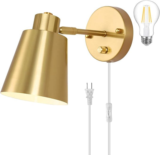 Dimmable Wall Sconce, Plug in Wall Sconce Adjustable Angle Wall Lights with Plug in Cord and Dimmer On/Off knob Switch, Gold Wall Mounted Light for Bedside Bedroom Doorway(1 Pack, 1 Bulb) - Bloomnest