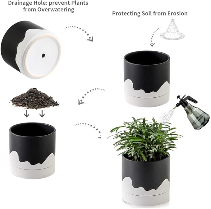 Nihow Ceramic Plant Pot: 6 Inch Planter with Drainage Hole & Saucer for Indoor & Outdoor Plants - Cylinder Round Flower Pot for Succulent/Herbs/Violets - Black & Wave White - Bloomnest