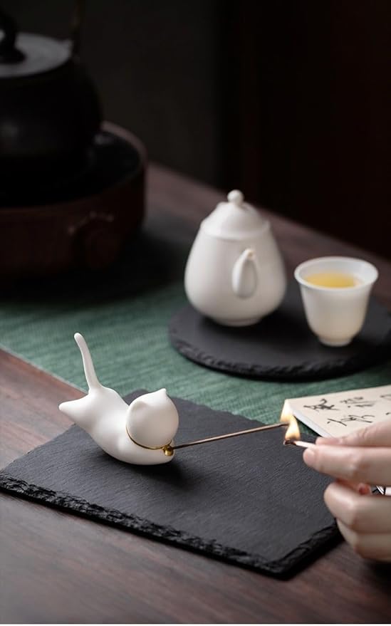 Cat Incense Stick Holder with A Mat and 1 box Incense Stick Cute Ceramic Incense Burner for Stick Incense Ash Catcher for Home,Office,Yoga Meditation Stress Relief Gift for Cat Lovers (White Cute Cat) - Bloomnest