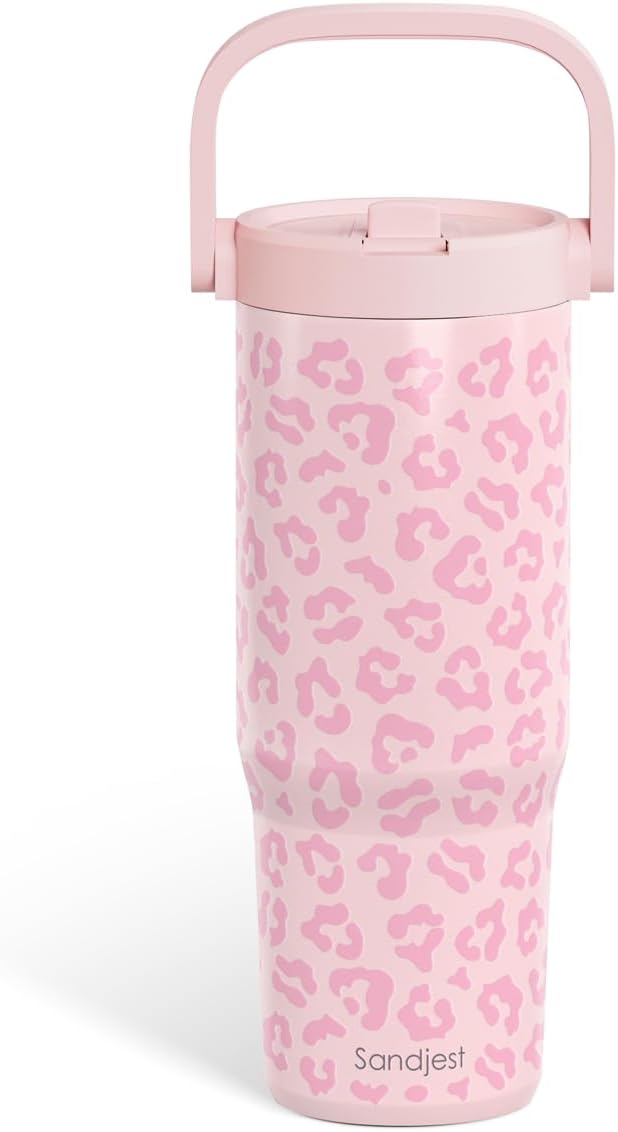 SANDJEST Leopard Skin Stainless Steel Straw Lid Tumbler 30oz with Carry Handle for Women Girls, Insulated Travel Coffee Cup, Gift for Sports Outdoor Workout Christmas Birthday (Pink) - Bloomnest