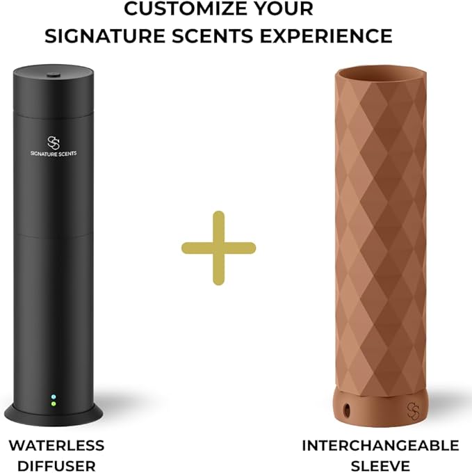 Waterless Essential Oil Hotel Scent Diffuser - Cold Air Diffuser - Covers 1000 sq. ft. - Waterless Diffuser for Home, Office & Hotel (Black + Interchangeable Sleeve) (Black + Teakwood Sleeve) - Bloomnest